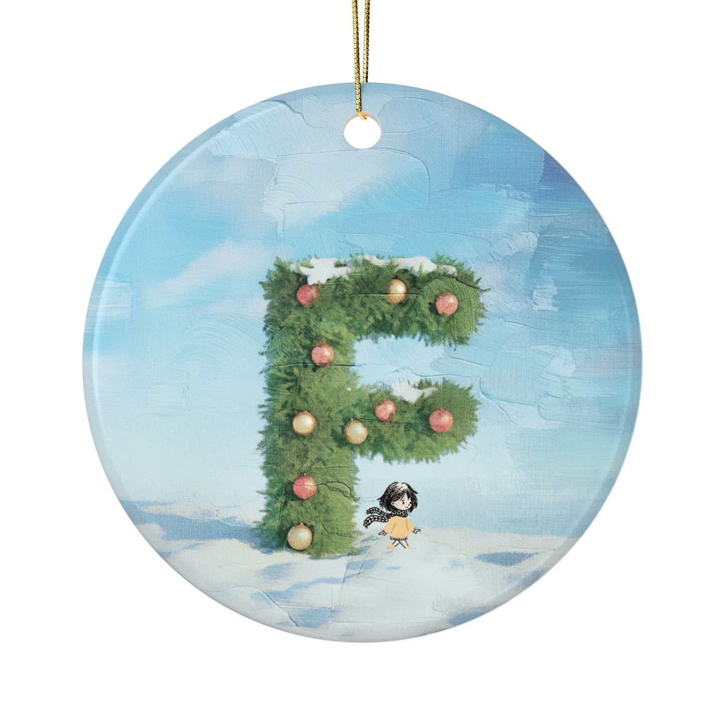 Yellow Jacket Girl Monogram Ornament | Ceramic round ornament, two-sided print | Letter F