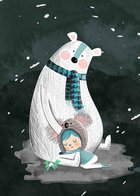 Polar Bear Cuddle - Christmas Polar Bear Art Print