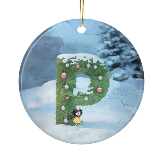 Yellow Jacket Girl Monogram Ornament | Ceramic round ornament, two-sided print | Letter P