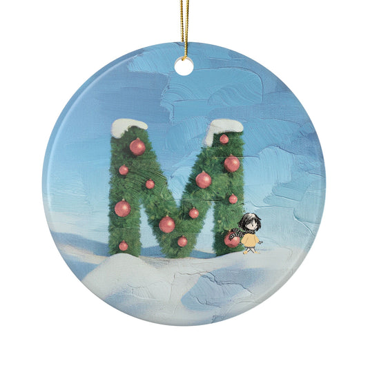 Yellow Jacket Girl Monogram Ornament | Ceramic round ornament, two-sided print | Letter M