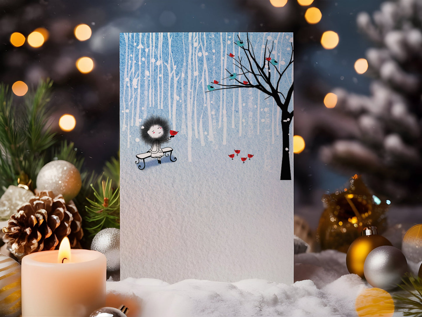 Customizable Christmas card with a snowy winter scene, featuring a girl and red birds, perfect for holiday greetings or as a Christmas drawing gift.