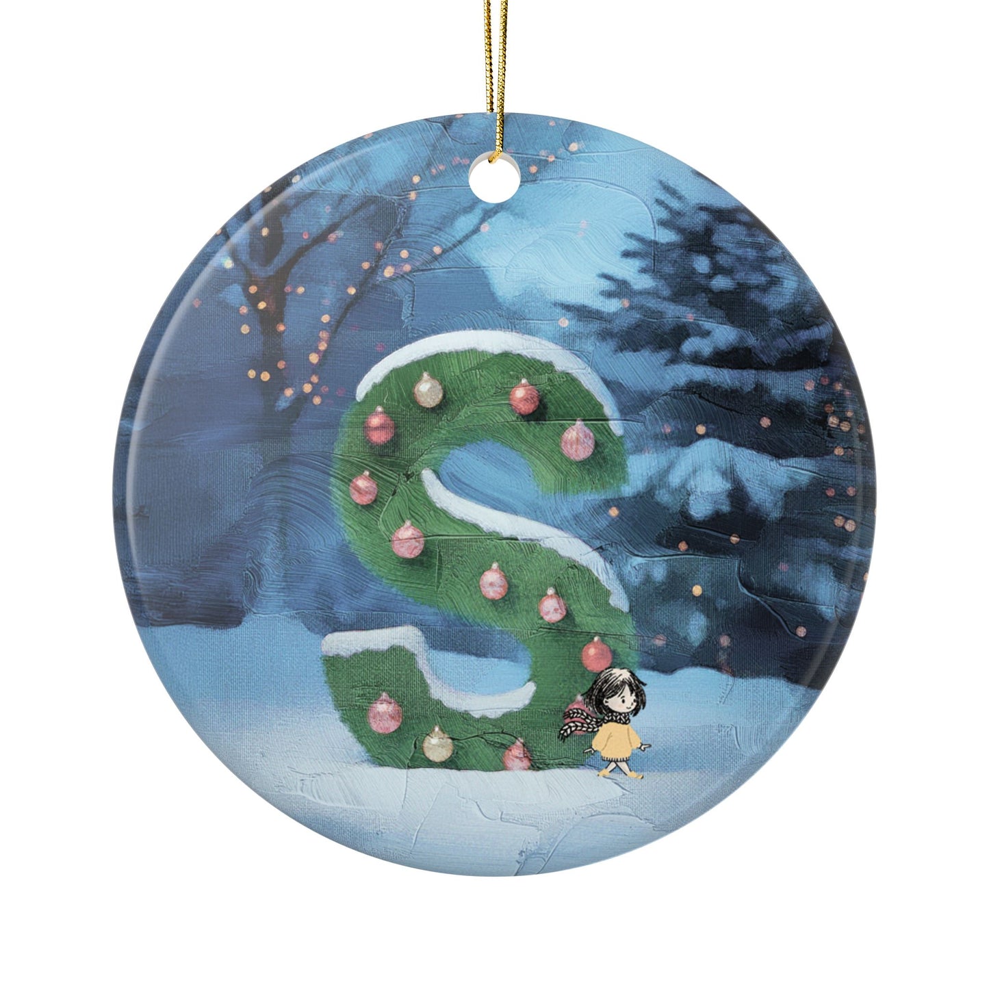 Yellow Jacket Girl Monogram Ornament | Ceramic round ornament, two-sided print | Letter S