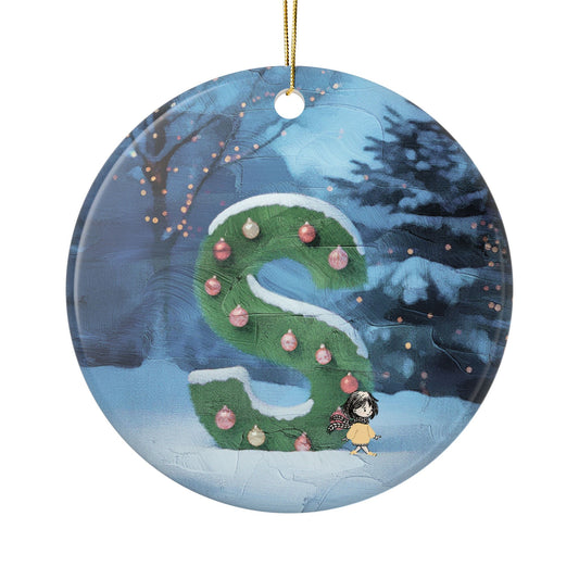 Yellow Jacket Girl Monogram Ornament | Ceramic round ornament, two-sided print | Letter S