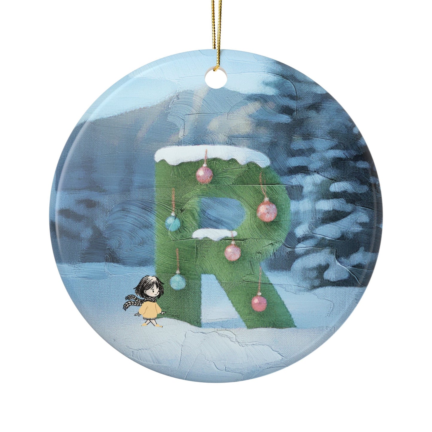 Yellow Jacket Girl Monogram Ornament | Ceramic round ornament, two-sided print | Letter R
