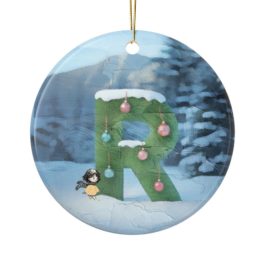 Yellow Jacket Girl Monogram Ornament | Ceramic round ornament, two-sided print | Letter R