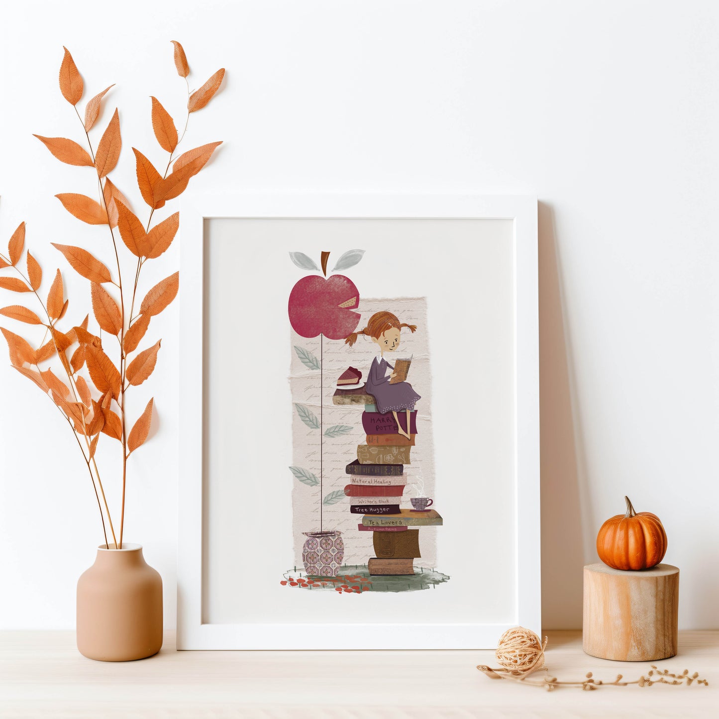 Bookworm Art Print for Autumn Lovers - Apple Girl