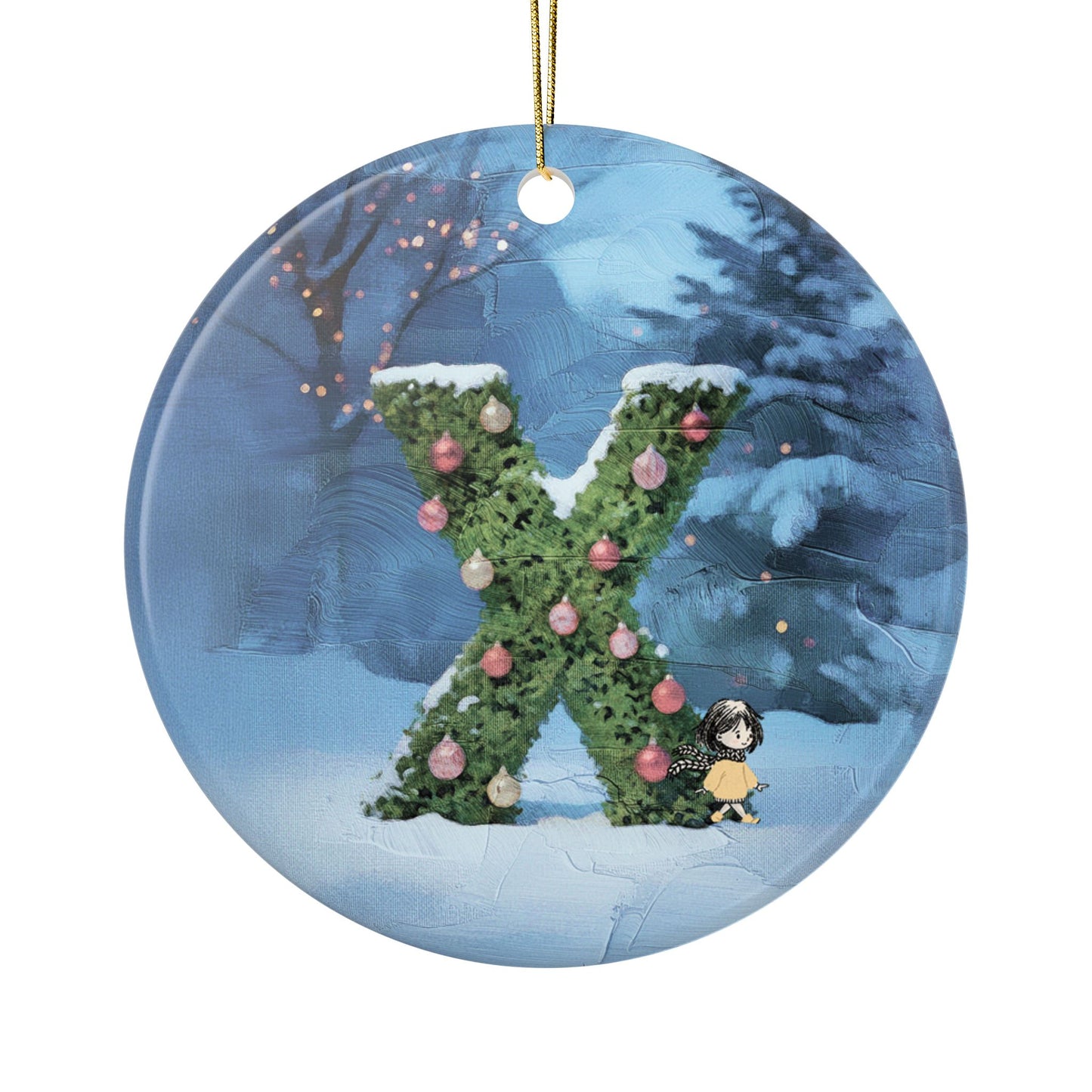 Yellow Jacket Girl Monogram Ornament | Ceramic round ornament, two-sided print | Letter X