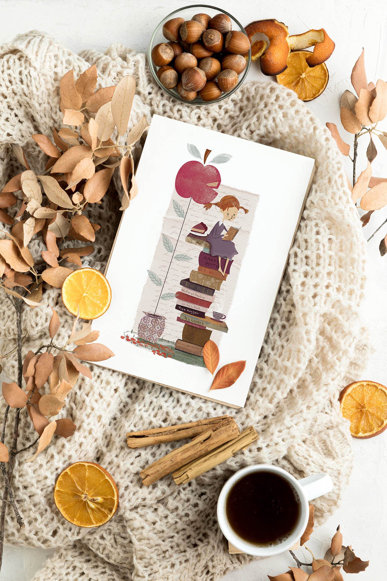 Bookworm Art Print for Autumn Lovers - Apple Girl