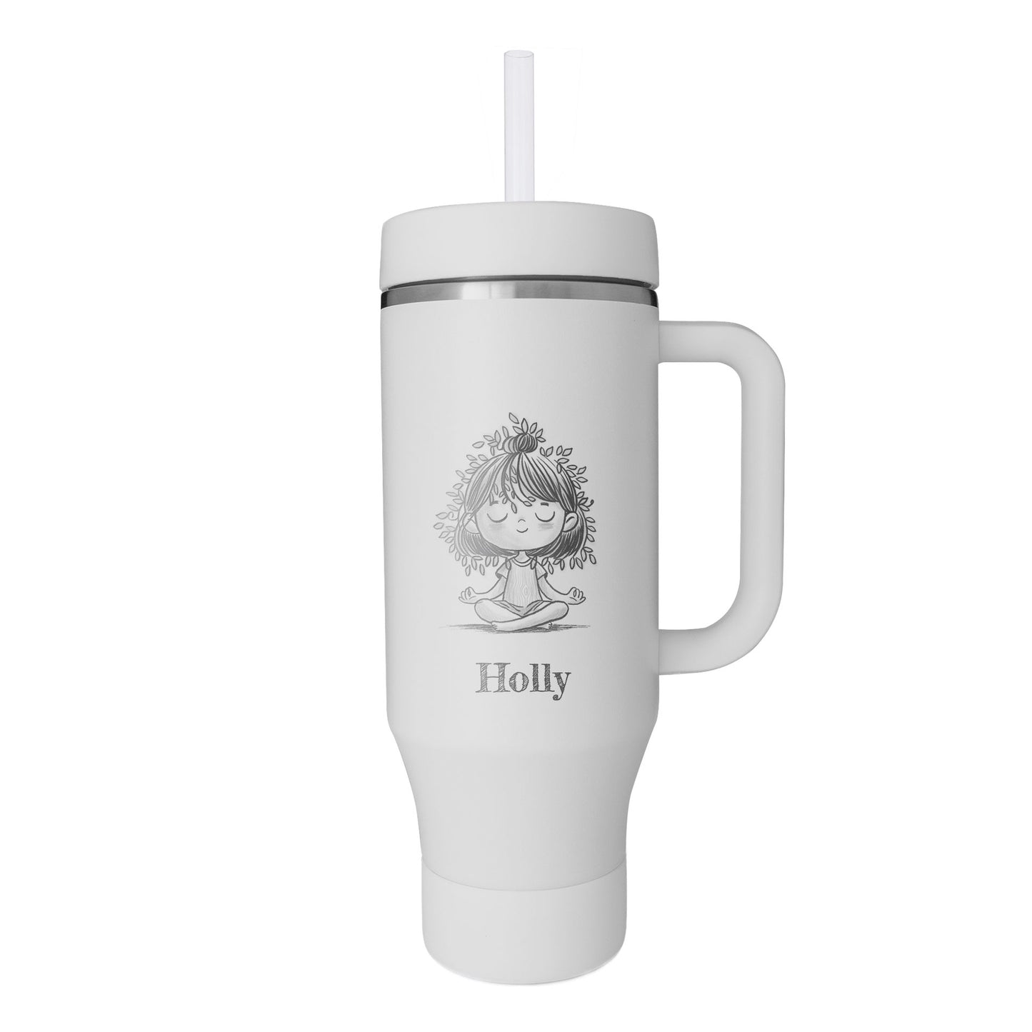 Personalized Insulated Tumbler featuring nature-inspired artwork by Holly Hatam, depicting a girl meditating with leaves for hair and tree-trunk textured clothing. Customizable insulated ThermoFlask water bottle with a straw and handle, designed by Holly Hatam.