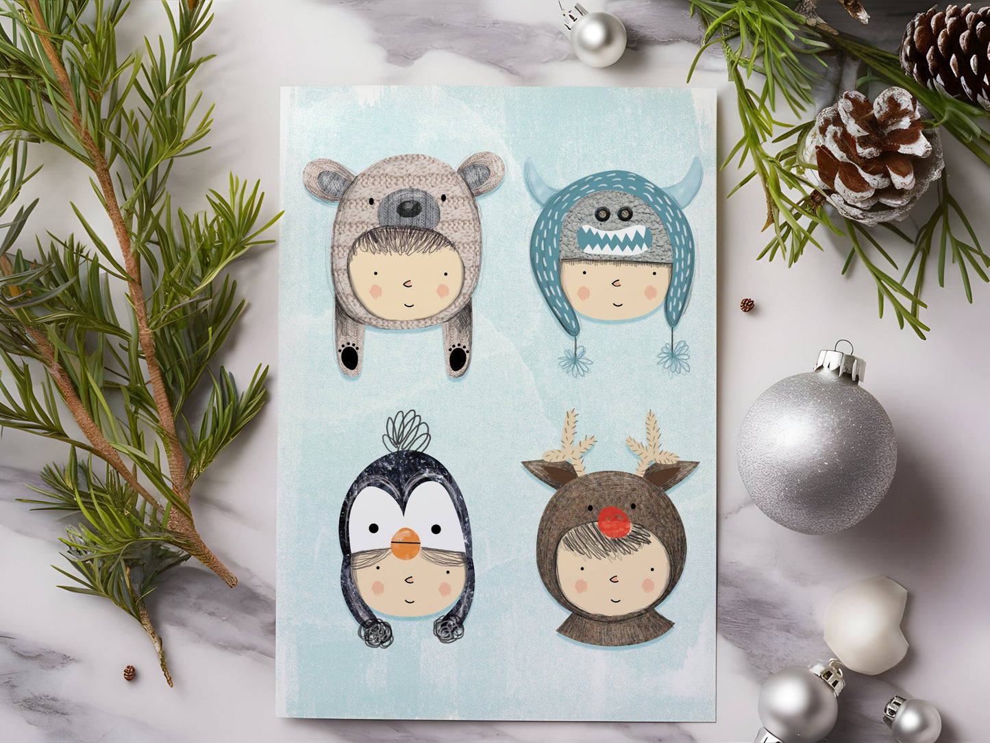 Greeting card featuring adorable winter hats on playful characters, customizable for a personal holiday message.