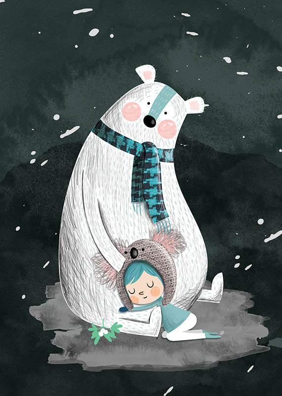 A festive Christmas card featuring a girl hugging a polar bear, perfect for sending warm holiday wishes with a personal touch.