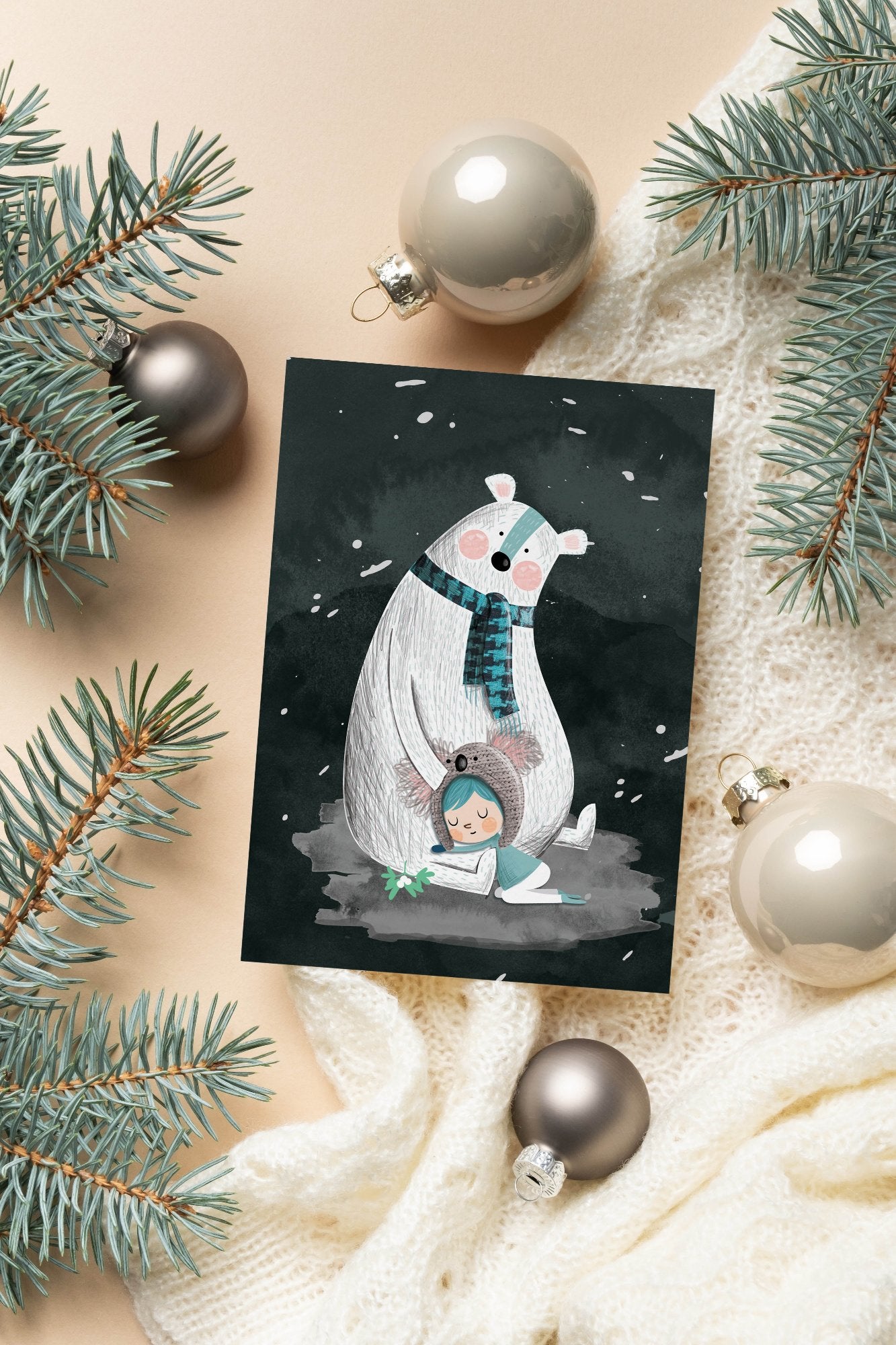 A festive Christmas card featuring a girl hugging a polar bear, perfect for sending warm holiday wishes with a personal touch.