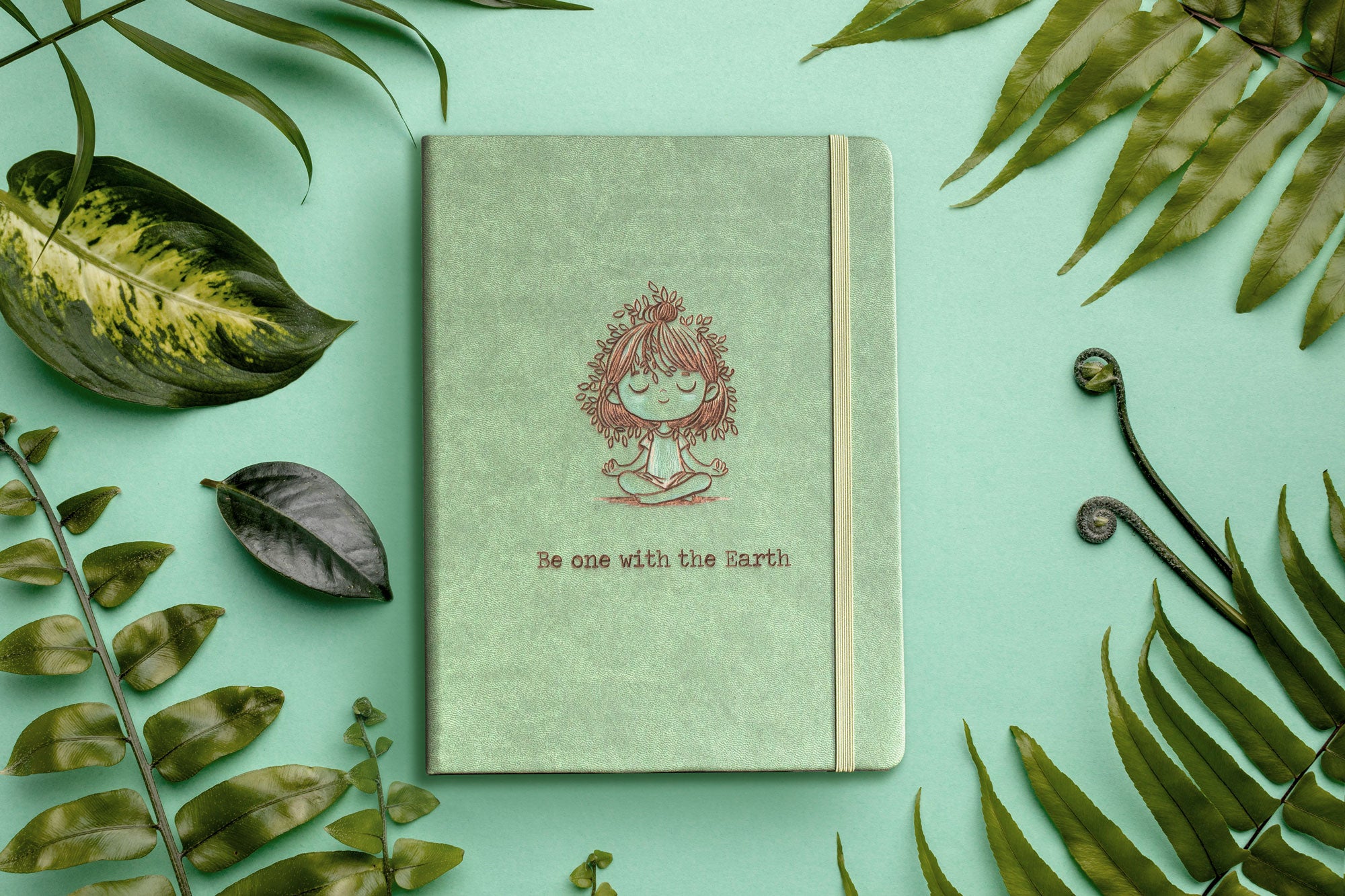 Customizable Meditation Journal featuring nature-inspired artwork by Holly Hatam, depicting a girl meditating with leaves for hair and tree-trunk textured clothing. Personalizable meditation journal with exclusive artwork, durable PU leather cover, and customizable engraving option.