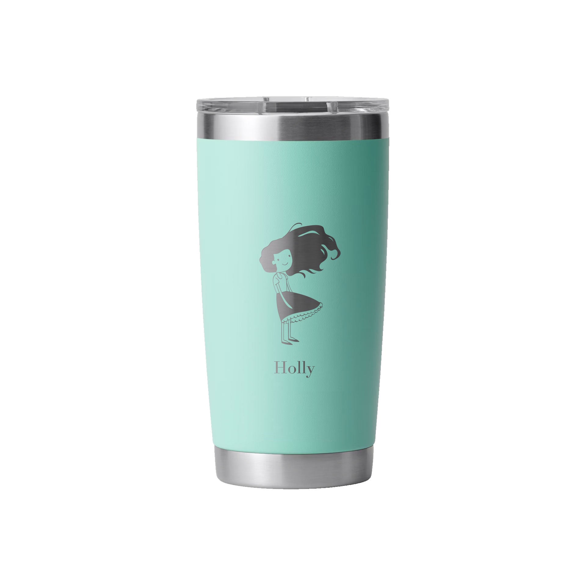 Personalized Dear Girl Yeti Tumbler with engraved artwork by Holly Hatam, inspired by the book Dear Girl, in seafoam color.