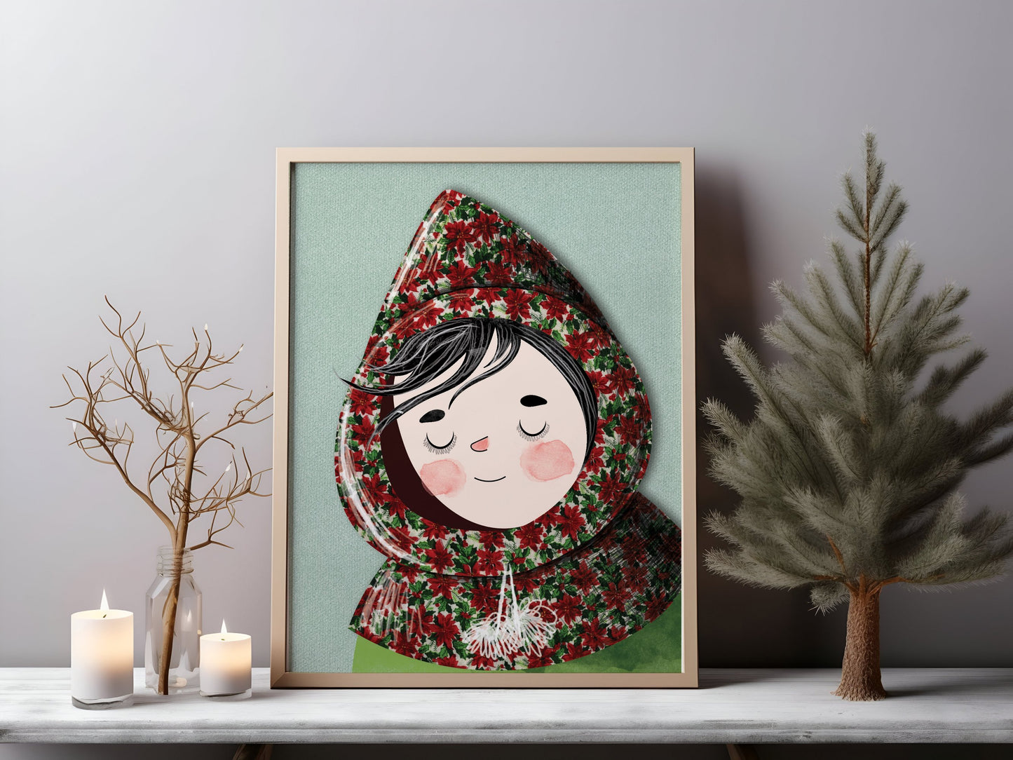 Christmas Art Print with Cozy Poinsettia Sweater - Perfect Christmas Drawing Gift