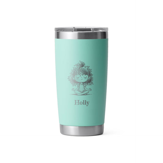 Personalized Insulated Tumbler featuring nature-inspired artwork by Holly Hatam, depicting a girl meditating with leaves for hair and tree-trunk textured clothing. Customizable insulated Yeti water bottle with a straw and handle, designed by Holly Hatam.