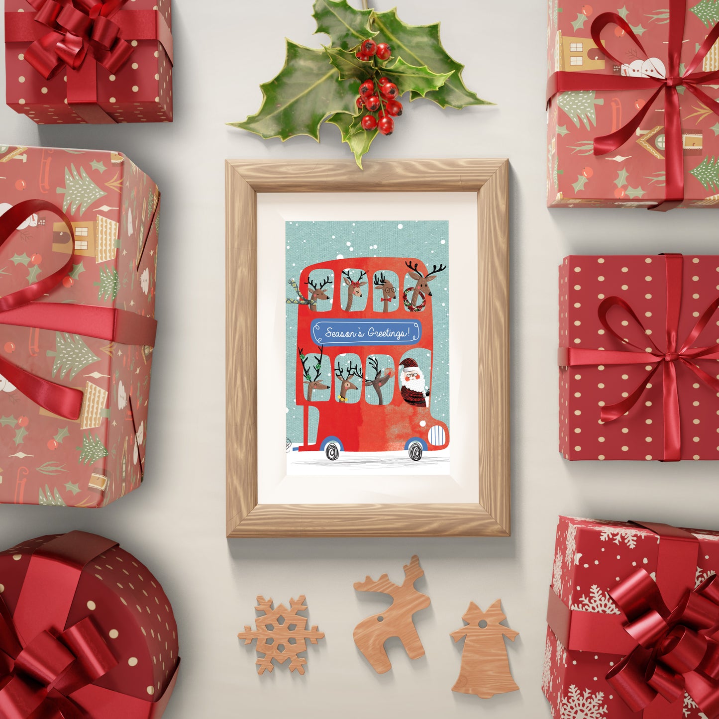 Santa Claus & Reindeer Bus Ride - Christmas Art Print