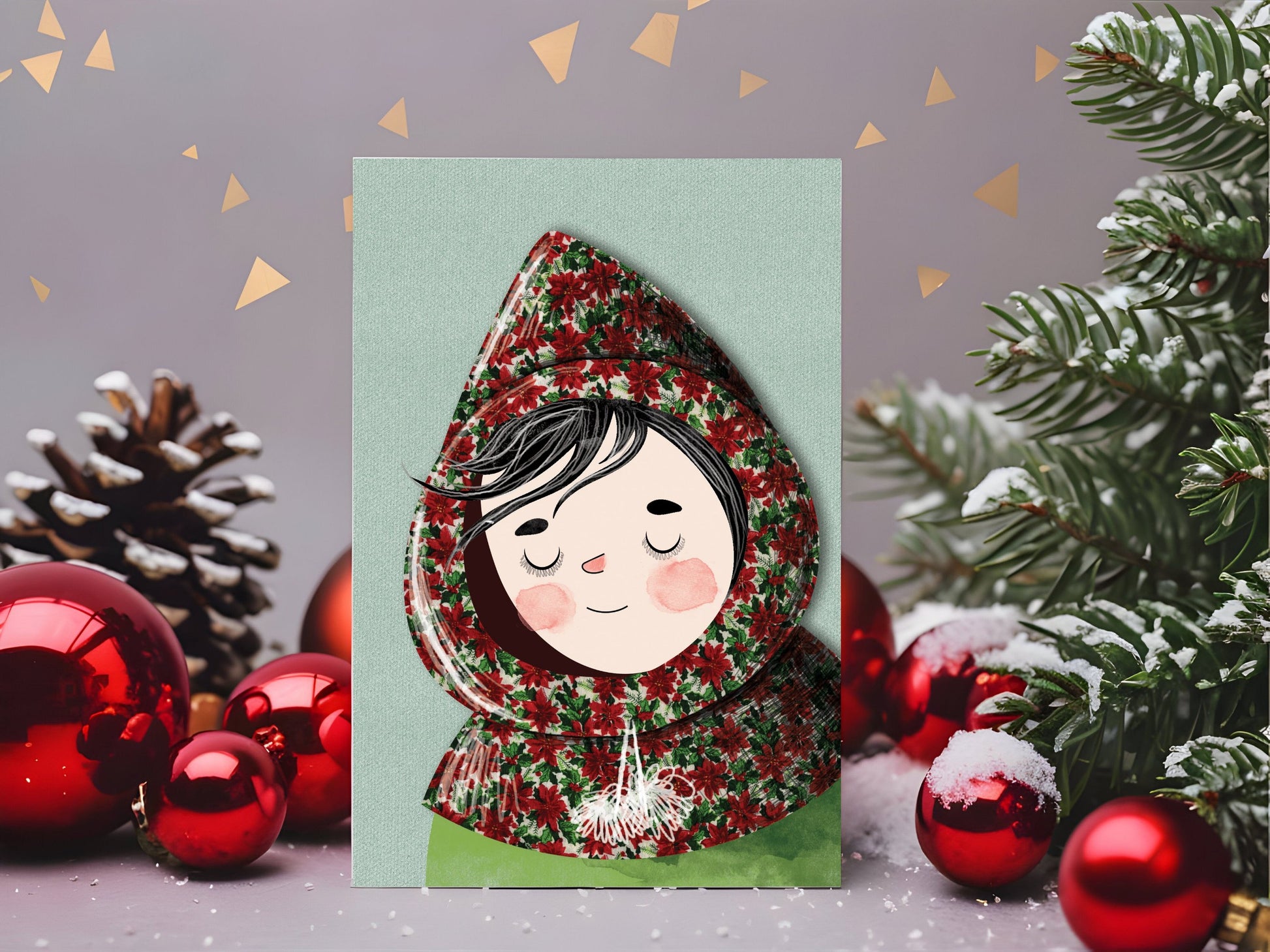 Christmas greeting card featuring a cozy character in a poinsettia-patterned sweater, perfect for personalized holiday messages.