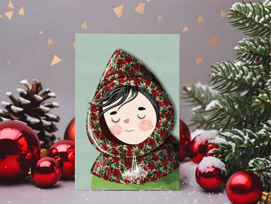 Christmas greeting card featuring a cozy character in a poinsettia-patterned sweater, perfect for personalized holiday messages.