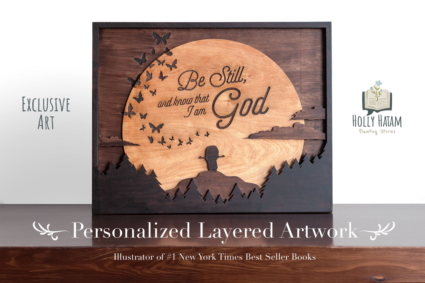 Message in the Moon personalized layered wood artwork, featuring engraved and stained wood. Customize with a Bible verse or family quote.