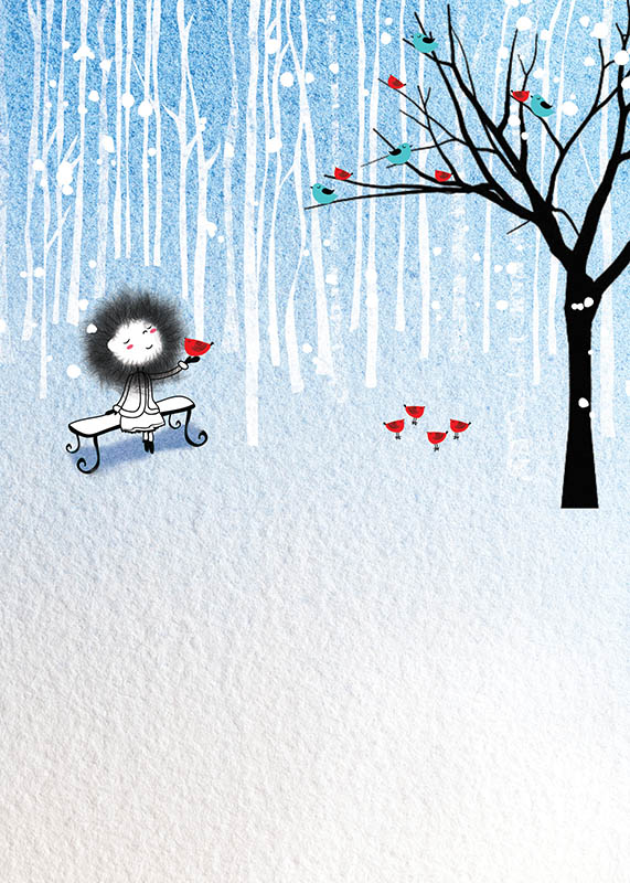 Customizable Christmas card with a snowy winter scene, featuring a girl and red birds, perfect for holiday greetings or as a Christmas drawing gift.