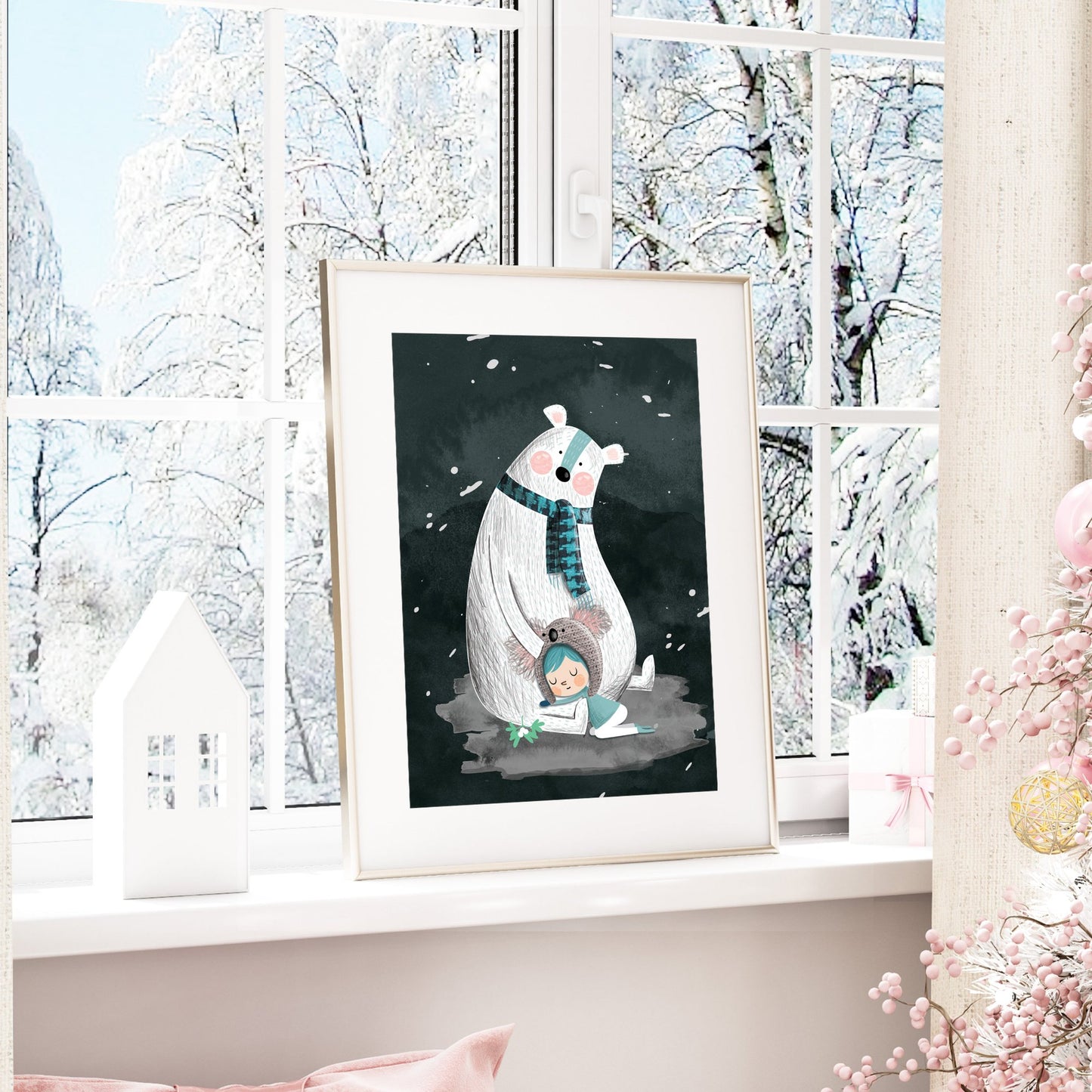 Polar Bear Cuddle - Christmas Polar Bear Art Print